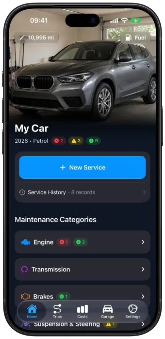 The Car Care Home tab showing a car photo with its mileage, a New Service button, the service history and a list of maintenance categories with their status counts.